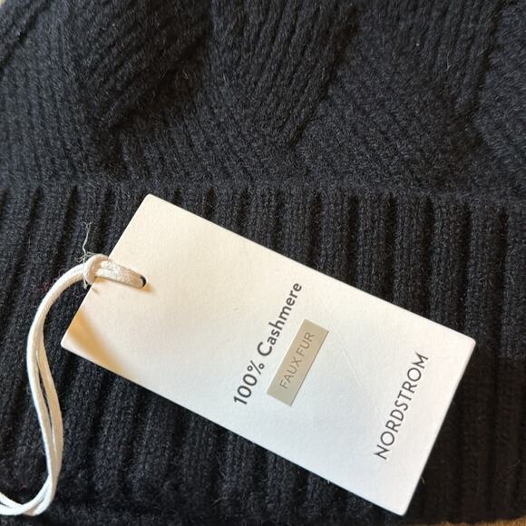 Nordstrom 100% Cashmere Faux Fur Pom Beanie Black - Picture 3 of 3